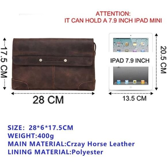 Mens Clutch Bag Genuine Leather ID Card, Hand Clutch Purse Handbag 7.9 inches - Picture 4 of 7